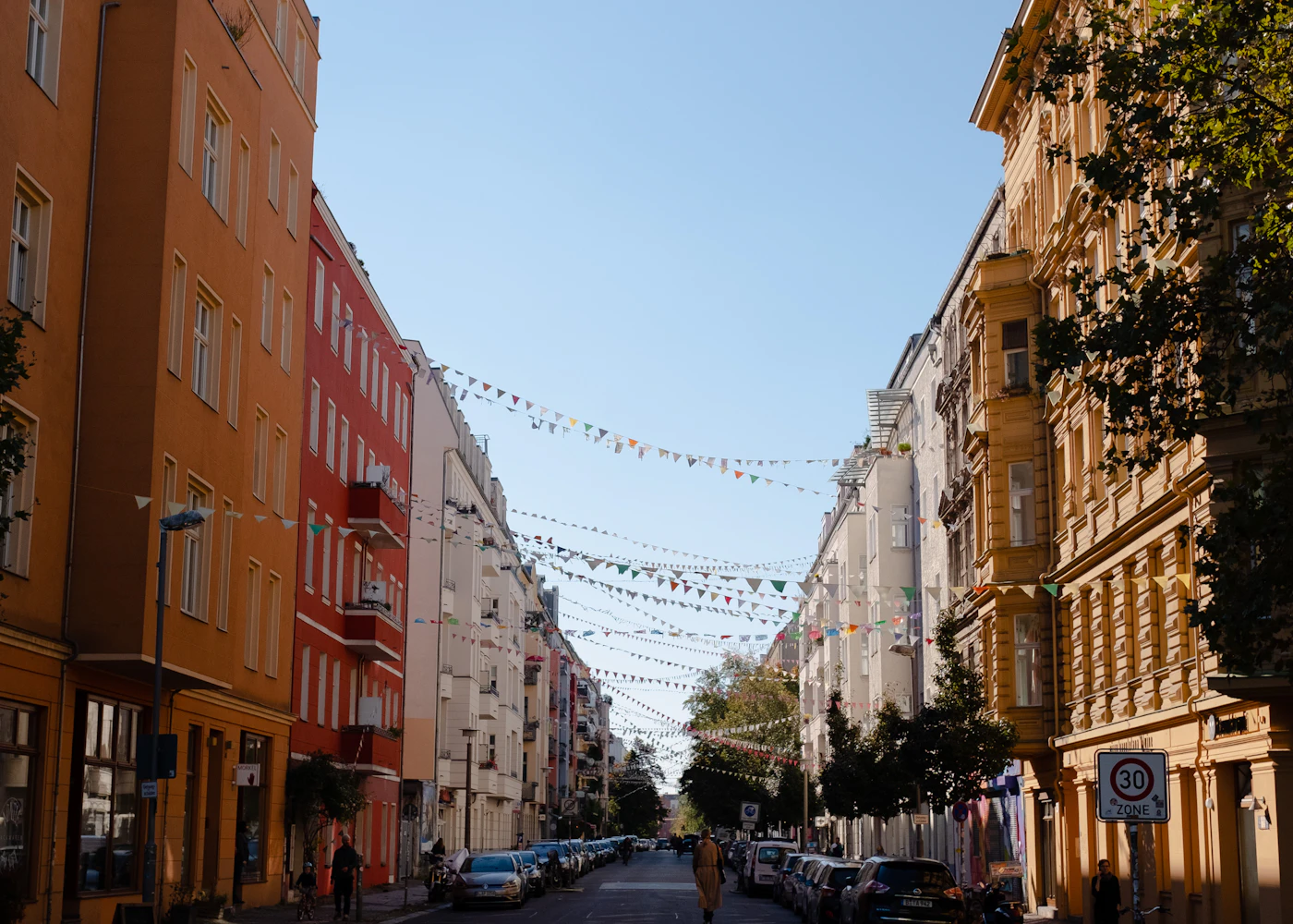 A view along a Berlin street between city buildings