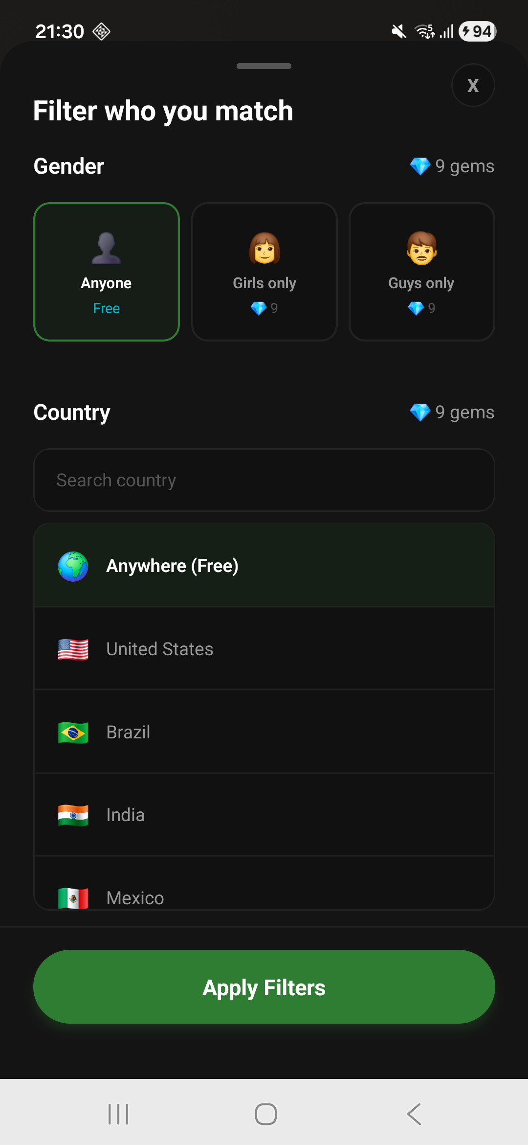 Smokie matching filters showing Anyone and Anywhere selected, with optional gender and country choices