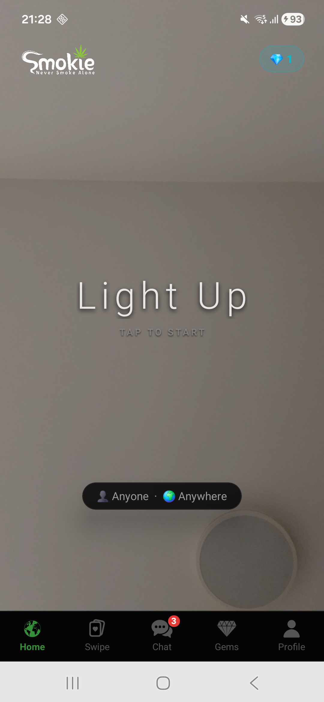 Smokie Android Home screen with Light Up in the center and matching preferences above the tabs